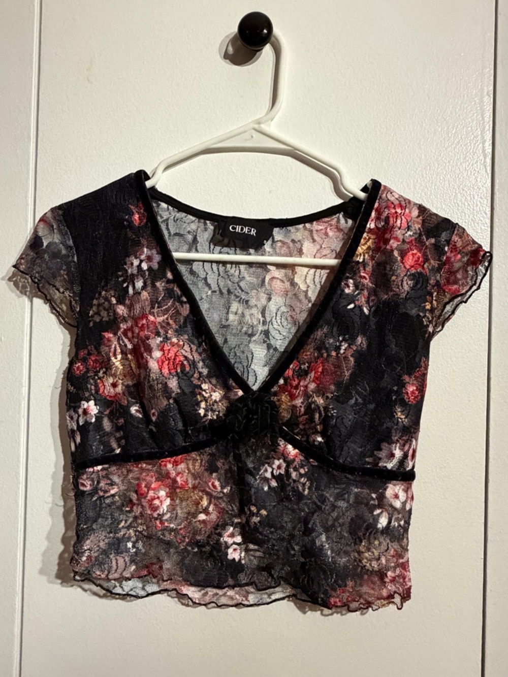Cider Black Floral Lace V-Neck Crop Top with Pink Accents